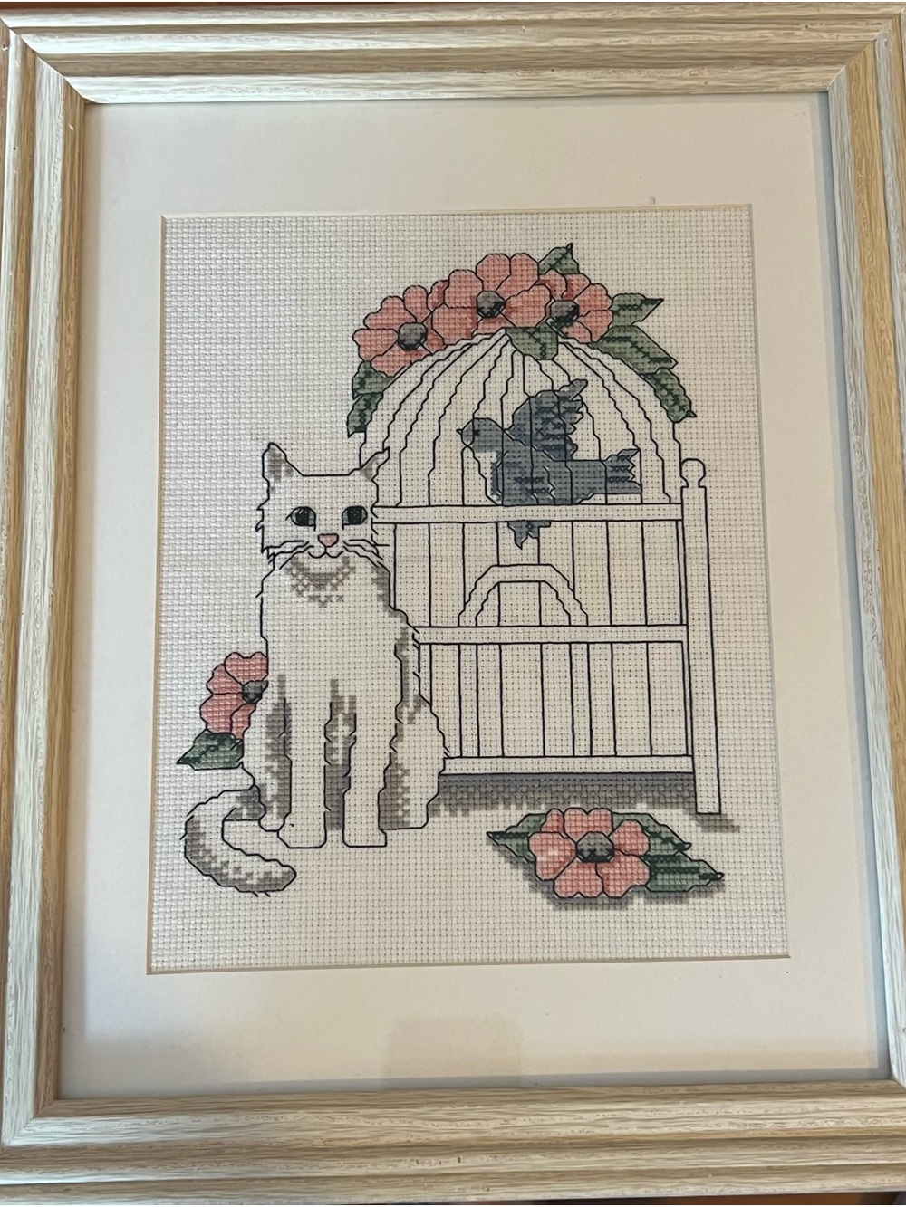 White Cat Cross-Stitch with Bird in Cage Wall Art Finished and Framed